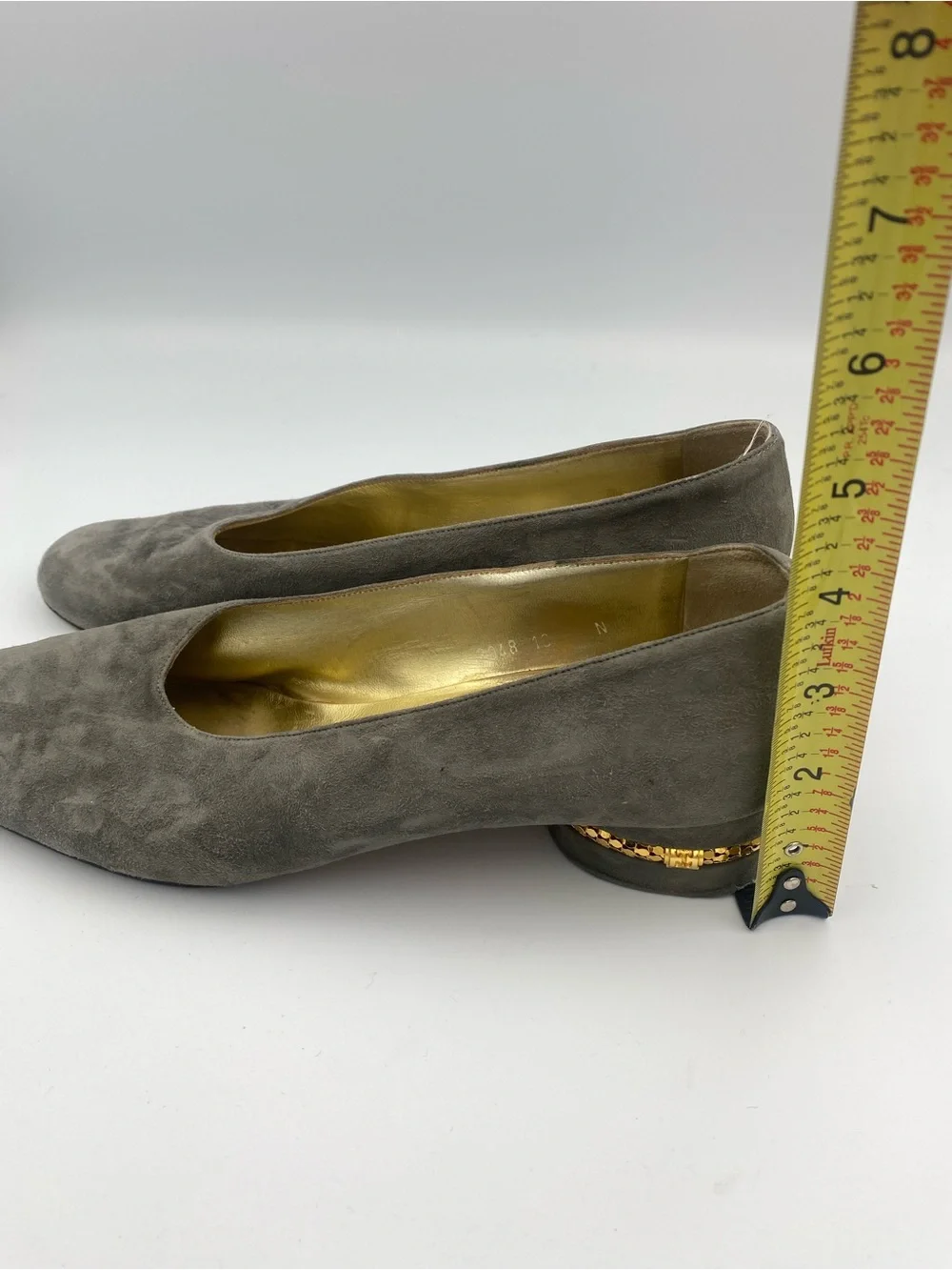 Escada Gray Suede Low Block Heel Pumps with Gold Accent